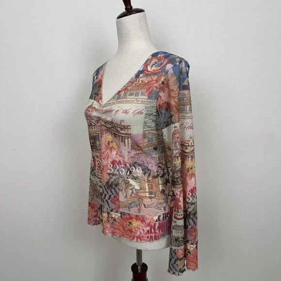 Y2K Vibrant Hawaiian Print Top Womens Medium* Hula Girl Lettuce Hem Dainty Fairy - Picture 6 of 12